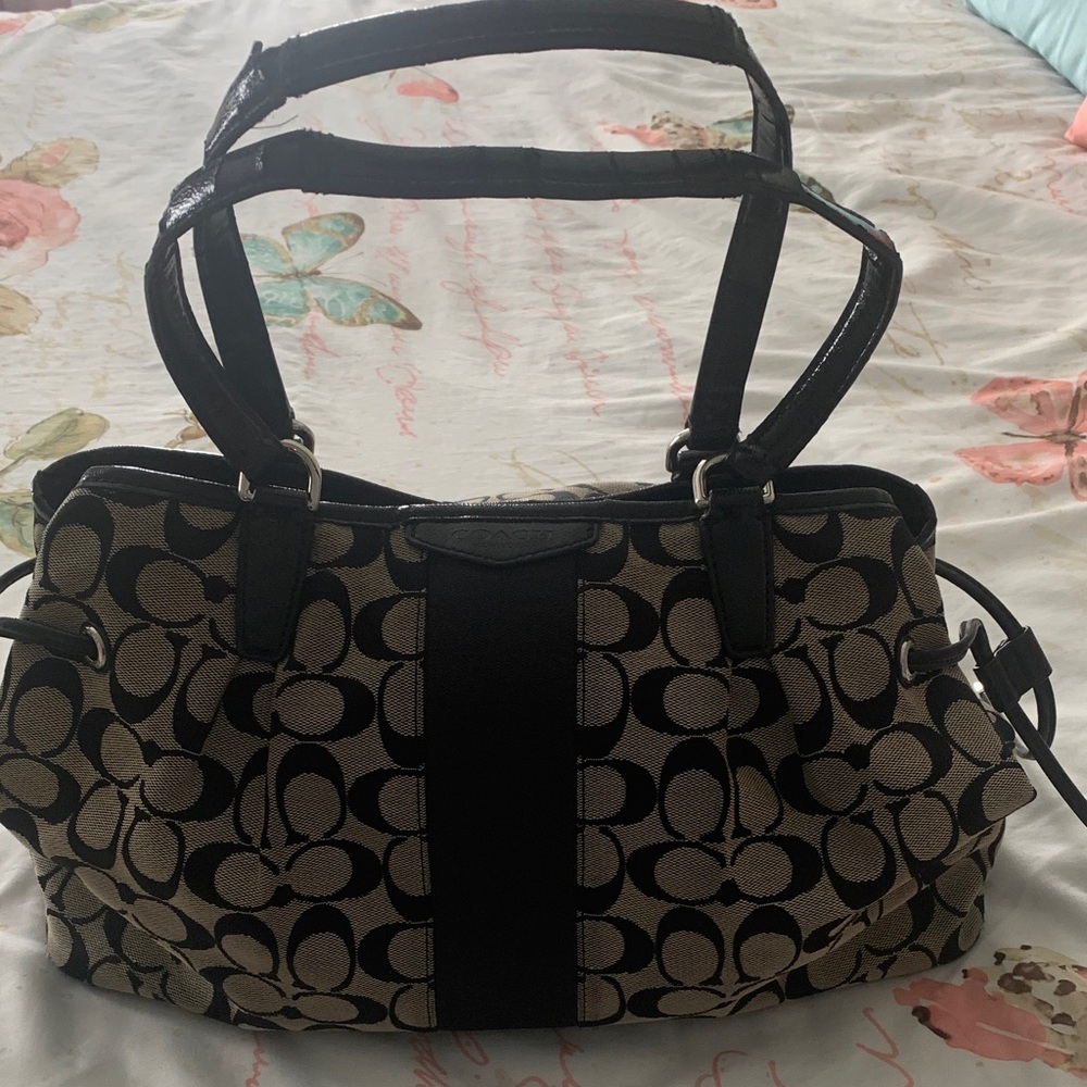 Coach Signature Canvas Shoulder Bag in Khaki and Black